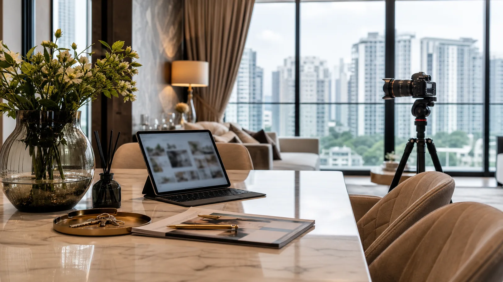 Zach Lin sell property Singapore marketing strategy with staged condo and professional photography setup