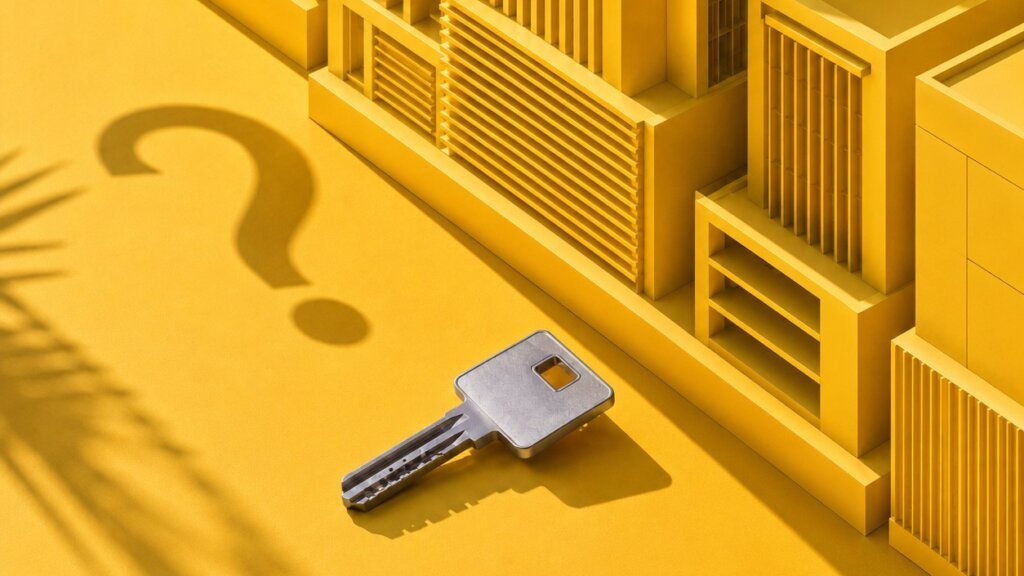 Visible silver key beside yellow architectural model and question mark shadow representing Singapore property decisions